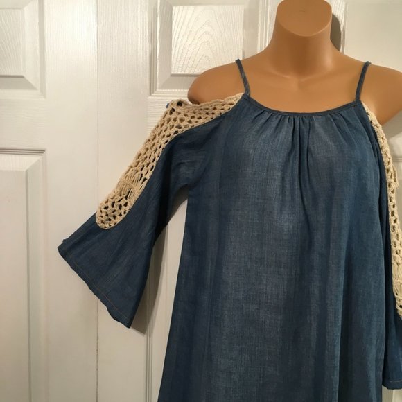 Umgee Cold Shoulder Blue Dress With Crochet Sleeves - Picture 4 of 7
